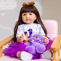 22 Inches Cute Alive Handmade Long Brown Hair Reborn Baby Doll Crafted in Silicone Vinyl Full Body Anatomically Correct Realistic Newborn Princess Toddler Girl Dolls Purple Gift Set