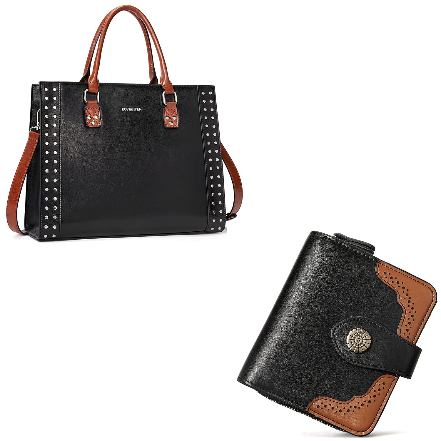 BOSTANTEN Women Leather Handbags Satchel Purses Satchel Shoulder Bag Bundle with Women Leather Wallet RFID Blocking Small Bifold Wallet