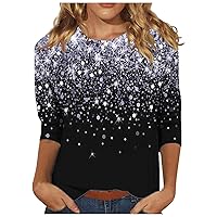 3/4 Sleeve Tops for Women 2024 Fall Trendy Shimmer Glitter Tee Shirts Cute Casual T Shirt Loose Fit Crew Neck Blouses