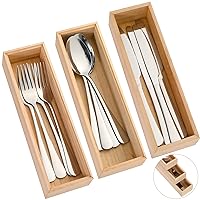 3Pcs 10 x 3 x 2'' Kitchen Drawer Organizer Bamboo Storage Box for Utensil Stackable Silverware Cutlery Holder with Silverware Set Spoon Storage Organizer for Kitchen Bathroom Cabinet(Natural)