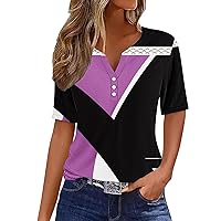 Women Short Sleeve Button Down Shirts Color Block Tunic Blouses Henley V Neck Summer Tops Casual Loose Geometric Graphic Tee