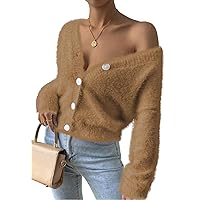 Pink Queen Women's Furry Cropped Cardigan Batwing Sleeves Open Front V-Neck Button Down Loose Knit Sweater Coat