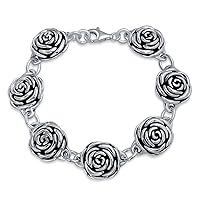 Large Statement 3D Garden Flower Black Rose Bracelet Black Silk Cord Pendant Drop Stud Earrings For Women Girlfriend Oxidized .925 Sterling Silver