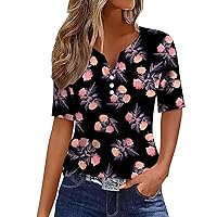 Women's V Neck Henley Shirts Dressy Button Down Cute Tunic Tops Regular Fit Short Sleeve Floral Printed Summer Blouse