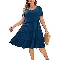Women's Plus Size Casual Summer Tiered Dresses Short Sleeve Scoop Neck Ruffle Hem Loose Fitting Midi Babydoll Dress