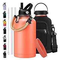 64 OZ Stainless Steel Water Bottles with Straw - 1/2 Gallon Water Bottle with Carrying Pouch, Straw Lid, Flex Cap Lid, Paracord Handle, Half Gallon Thermo Mug Water Jug for Work Gym Office Home