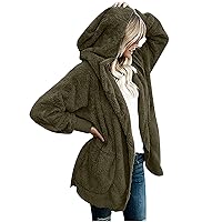 Plus Size Fuzzy Fleece Hooded Cardigan for Women Open Front Comfy Oversized Jackets Outerwear Coats with Pockets
