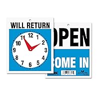 Sign 9382 Double-Sided Open/Will Return Sign w/Clock Hands, Plastic, 7 1/2 x 9