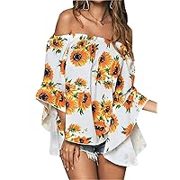 Andongnywell Women's Off Shoulder Bell Sleeve Shirt Tie Knot Casual Blouses Tops One-Shoulder Chiffon Shirt