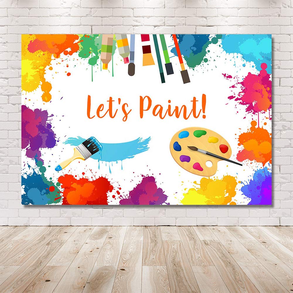 MEHOFOTO Let's Paint Birthday Party Photo Backdrop Props Painting Dress for a Mess Splatter Art Party Colorful Graffiti Wall Brush Photography Background Banner for Cake Table Supplies 7x5ft