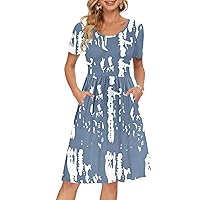 AUSELILY Women's Short Sleeve Pockets Empire Waist Loose Swing Casual Flare Print Floral Pleated Dress