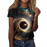 Casual Tops for Women 2024 Trendy Tops for Women 2024 Astral Print Novelty Cool Loose Fit Fashion with Short Sleeve Round Neck Shirts Gold X-Large