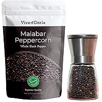 Viva Doria Malabar Peppercorn, Whole Black Pepper, Black Peppercorns 12 oz + Premium Stainless Steel Salt & Pepper Grinder with Adjustable Coarseness