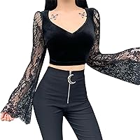 Women's Gothic Lace Flare Sleeved Splicing V-Neck Velet Tops Sexy Hollow Out T-Shirt Vintage Y2k Crop Tops Clubwear