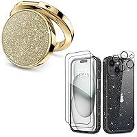 MIODIK Bundle - for iPhone 15 Plus Case Clear Glitter (Black) + Phone Ring Holder (Gold), with 2Pcs Screen Protector & 2Pcs Camera Lens Protector, Protective Shockproof for Women