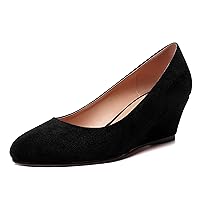 WAYDERNS Womens Solid Round Toe Dating Suede Casual Slip On Wedge Low Heel Pumps Shoes 2 Inch