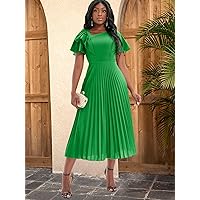 Women's Dress Asymmetrical Neck Butterfly Sleeve Pleated Hem Dress (Color : Green, Size : Small)