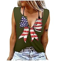 Women's Independence Day 4th of July Casual V-Neck Top Sleeveless Hollow Printed Top Solid Color Casual Summer T-Shirt