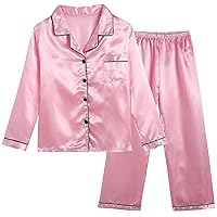 Vopmocld Big Kids Unisex Pjs Set Girls Boys Silk Pajama Sets Satin Clasic Sleepwear Long Sleeve 2 Pieces Button Down Nighty