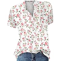 Women's Summer Tops Casual Printed V-Neck Short Sleeved Shirt Pullover Loose Blouse Tops, S-3XL