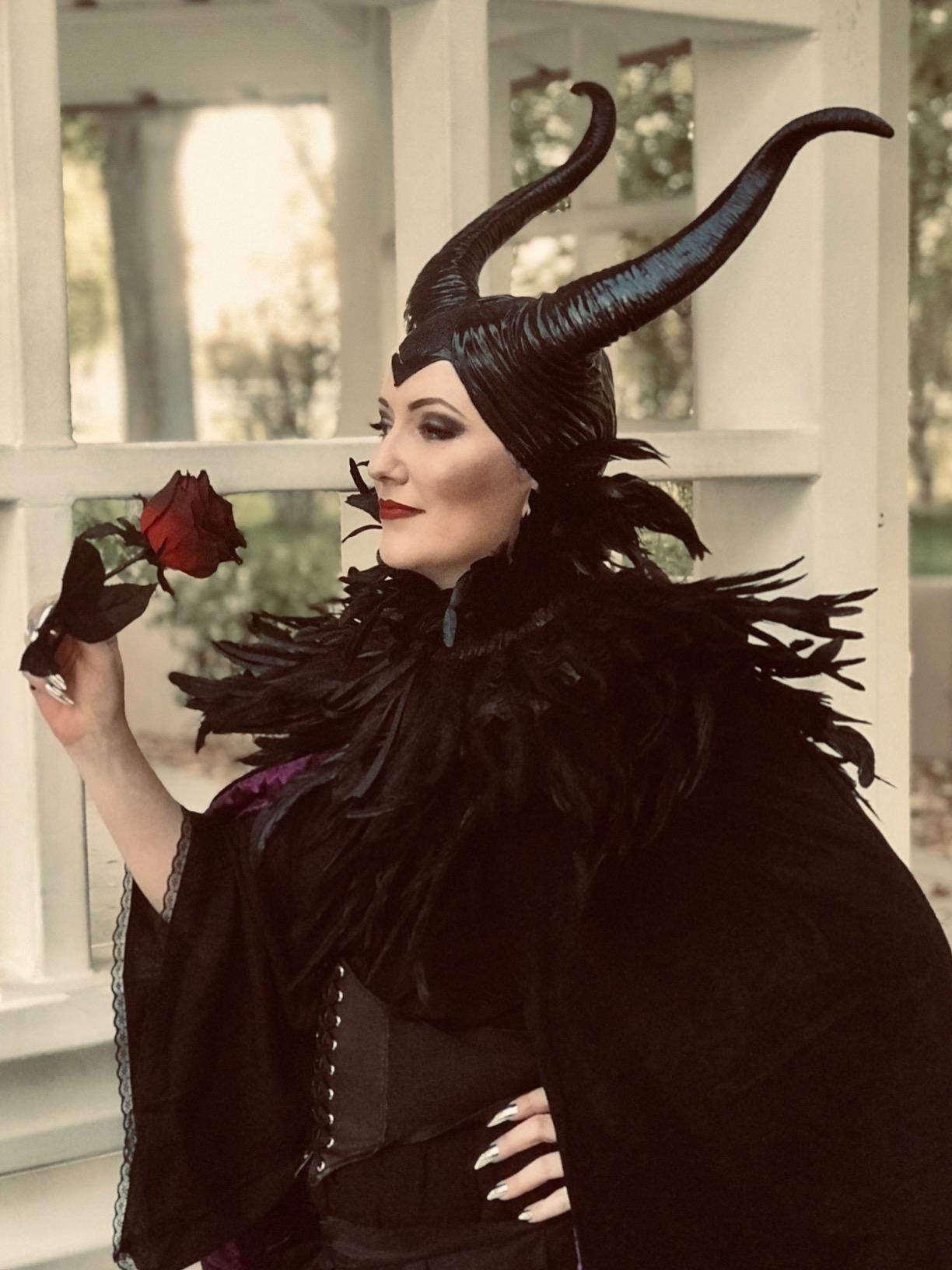 HOMELEX Gothic Black Crow Costume Feather Cape Shawl with Maleficent Horns Cosplay Set