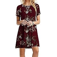 FLITAY Women's Casual Printed Dress Summer Short Sleeved Round Neck Loose Fitting Dress