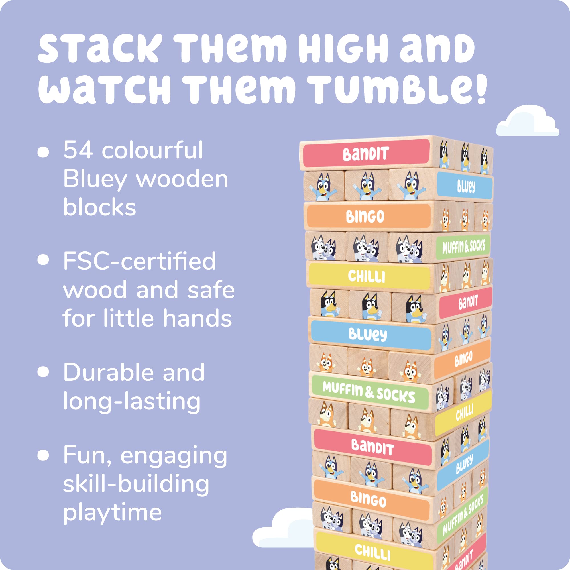 Bluey Tumbling Tower, 54 Colourful Wooden Blocks, Fun Family Game for Hand-Eye Coordination and Motor Skills – FSC Certified for Children 3 Years and Up