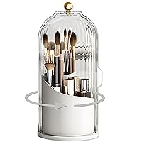 Makeup Brush Holder Organizer with Lid,360° Rotating Makeup Brush Organizer,Dustproof & Waterproof Make Up Brush Holder Organizer for Vanity Counter Bathroom(White-clear Lid)