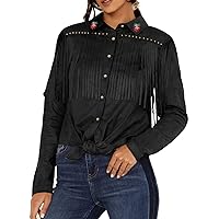 JOHN MOON Womens Suede Fringe Western Long Sleeve Shirt with Studs Embroidered Cowgirl Snap Blouse Tops Country Style Outfits