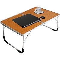 Foldable Laptop Table, Bed Desk, Breakfast Serving Bed Tray, Portable Mini Picnic Table & Ultra Lightweight, Folds in Half with Inner Storage Space (Bamboo Wood Grain)