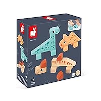 Janod Dino - 31 Piece Wood Dinosaur Stacking Blocks - Assemble 3 Cute Dinos - Ages 2-5 Years - J05833