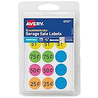 Avery Garage Sale Removable Labels, 3/4 Inch Round Labels, Assorted Colors, Non-Printable, 315 Pricing Stickers Total (6725)