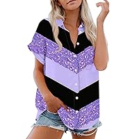 Women's Spring Tops Short Sleeved Shirt, Daily Fashion Printed Button Top, Chest Pocket Cardigan Tops, S-2XL