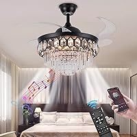Crystal Ceiling Fan with Lights Smart Bluetooth Music Player,42 Inch LED Reverse Dimmable Remote Control Retractable Invisible Blades Indoor Ceiling Fan for Living Room Polished Chrome