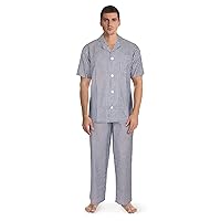 Fruit of the Loom Men's Pajama Set 100% Cotton Broadcloth 2-Piece Comfortable Men's Sleepwear Set With Short-Sleeved PJ Shirt- Soft & Breathable Lounge Set For Men, Navy Gingham