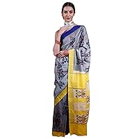 Quicksilver Pure Cotton Ikat Handloom Saree from Pochampally with Contrast Yellow Border and Anchal