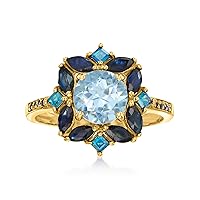 Ross-Simons 1.80 Carat Sky Blue Topaz, 2.40 ct. t.w. Sapphire and .80 ct. t.w. London Blue Topaz Ring in 18kt Gold Over Sterling. Size 10