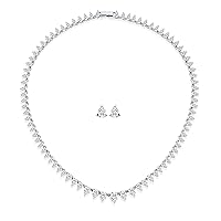 Classic Traditional Bridal Graduated Heart Shape Teardrop AAA CZ V Chevron Front Heart Latch Clasp Statement Collar Tennis Necklace Jewelry Set For Women Wedding Prom Silver Plated