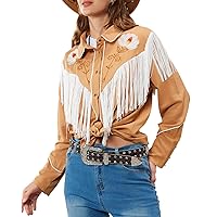 JOHN MOON Women's Floral Embroidered Fringe Western Shirts Rodeo Cowgirl Button Down Blouse Tops Country Style Outfits