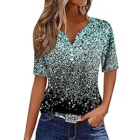 Womens Tops Short Sleeve V Neck Button Collar Geometry Printed Vintage T Shirts 2024 Summer Casual Baggy Blouse