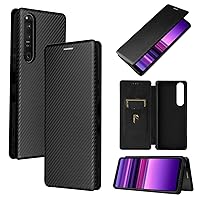 ZORSOME for Sony Xperia 1 III Flip Case,Carbon Fiber PU + TPU Hybrid Case Shockproof Wallet Case Cover with Strap,Kickstand Black