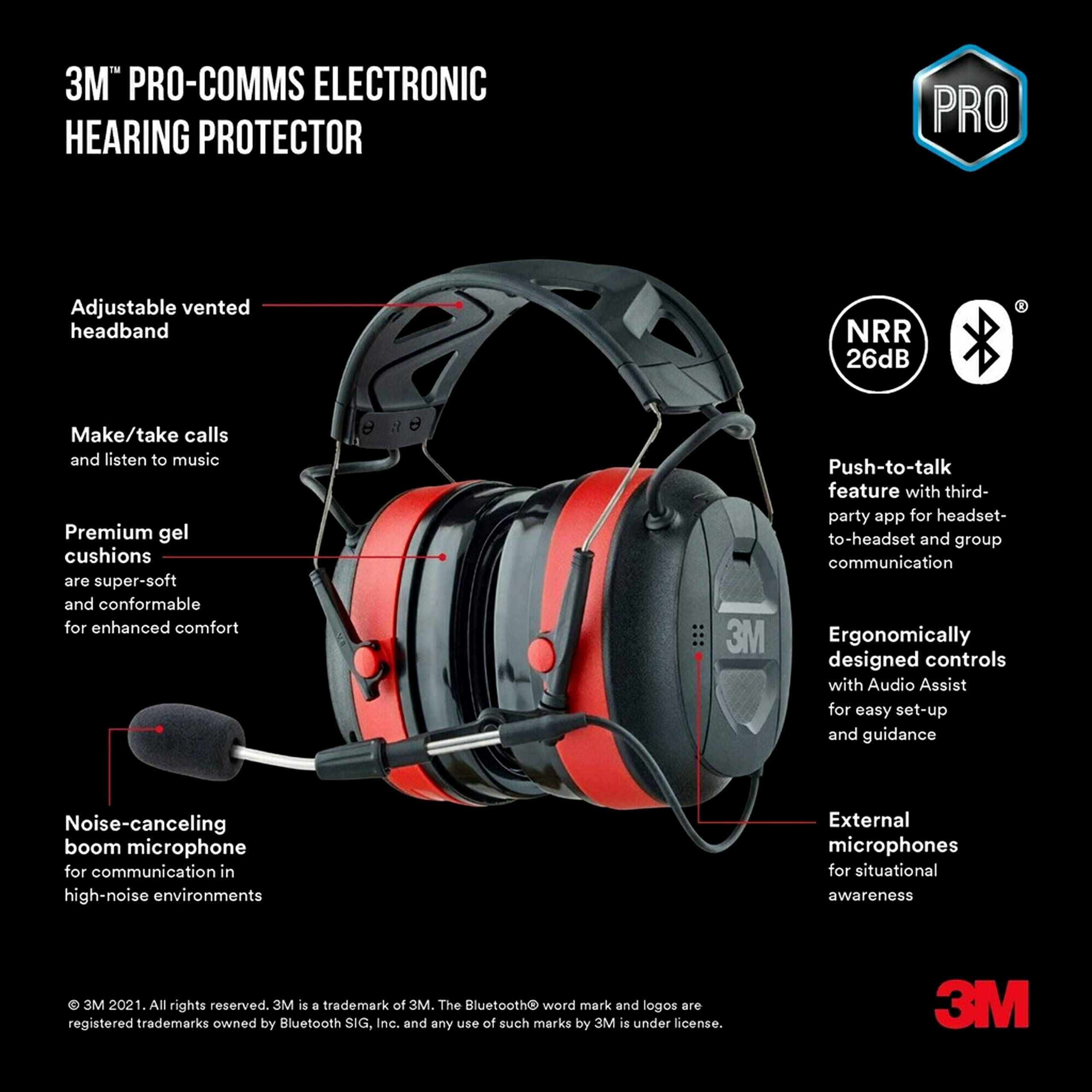 3M Pro-Comms Electronic Hearing Protection with Bluetooth Wireless Technology and External Microphones, Bluetooth Headphones, NRR 26 dB,Black/Red