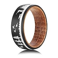 Forest Rings for Men 8 mm Black Plated Wedding Band with Wood Liner Comfort Fit