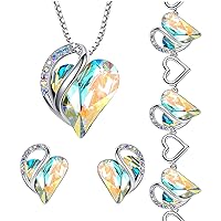 Leafael Infinity Love Heart Necklace, Stud Earrings, and Bracelet for Women, April Birthstone Crystal Jewelry, Silver Tone Gifts for Women, Rainbow Opal White