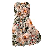 Women's Casual Art Floral Print Button Midi Dress Short Sleeve Loose Flowy Swing Dress Drawstring Vintage Summer Dresses