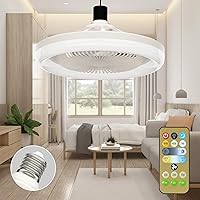 Small Modern Ceiling Fan with Lights Remote Control, 10 inches Enclosed Socket Fan Light with Timing, 3 Speed 3 Dimmable LED Light, E27 Base Portable Light Fan for Bedroom Garage,White