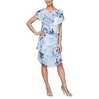 S.L. Fashions Women's Short Sleeve Floral Tiered Chiffon Special Occasion, Wedding Guest Dress