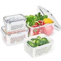 3 Pack Fridge Berry Storage Container with Lids with Strainer, Plastic Fresh Produce Saver Keeper for Vegetable Fruit Meat Lettuce, BPA Free Kitchen Refrigerator Organization (3.15L+1.7L+0.8L)