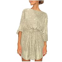 Women's Fashion Loose Long Sleeve Straight Sequin Glitter Dress Party Sequin Beaded Dress