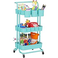 3-Tier Rolling Mobile Utility Cart with Hanging Cups & Hooks & Handle Multifunctional Organizer Storage Trolley Service Cart with Wheels Easy Assembly for Office, Bathroom, Kitchen (Blue)